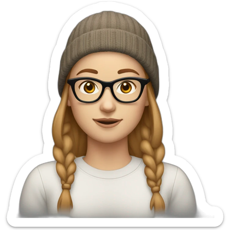 30 year old white woman short straight light brown hair with a beanie on her heard and glasses sticker
