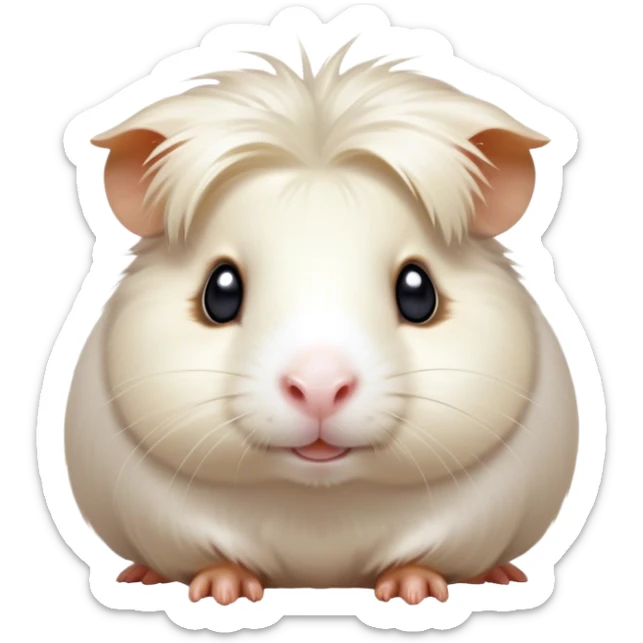 Cinematic Cute White Guinea Pig Portrait Emoji, Head tilted playfully and inquisitively, showcasing a silky, immaculate white fur with a natural glow, round, sparkling dark eyes filled with curiosity, Simplified yet irresistibly adorable features, highly detailed, glowing with a warm, friendly light, high shine, affectionate and lively, stylized with a touch of whimsy, bright and endearing, soft glowing outline, capturing the essence of a mischievous yet loving guinea pig, so playful it feels like it could nuzzle out of the screen and into your arms! sticker