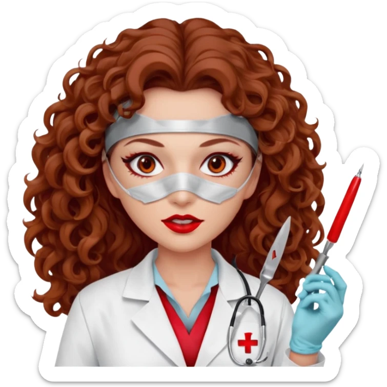 Scary woman scalpel in hand, evil surgeon sexy surgeon clothes.  She has red eyes. Her  brown long curly hair. Wears sexy doctor outfit with red gloves. make her hair free and brown but have mouthy  wear  mask  to hide. Wears white surgeon jacket and sticker