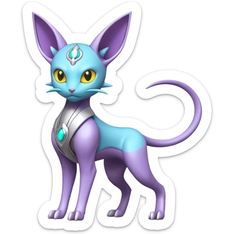 Mechanical Miraidon-Espeon-Mewtwo-Fakémon-hybrid-creature (full body)  with yellow eyes and cyan markings sticker