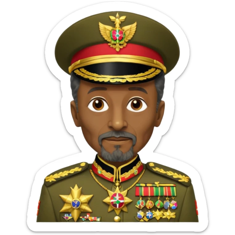 Create an emoji of an Older Haile Selassie African king wearing his ceremonial military uniform adorned with numerous medals, orders, and a sash. sticker