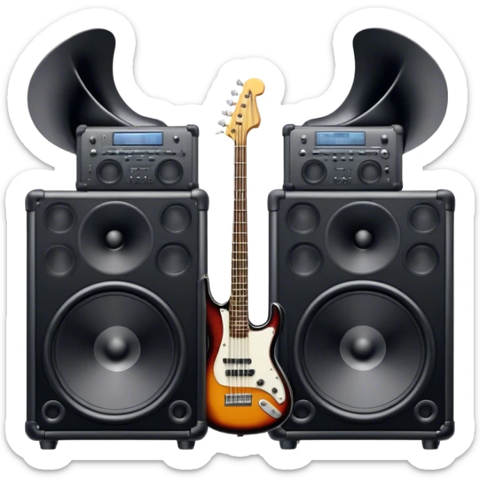 Icon for R&B Music Listening: large concert speakers with waves of musical notes coming out, along with a bass guitar, drum kit, and synthesizer. The icon should convey the energetic and rhythmic vibe of R&B music. Transparent background. sticker