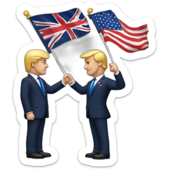 macron qui cerre la main a donalde trump avec des drapeau francais et uk derriere sticker