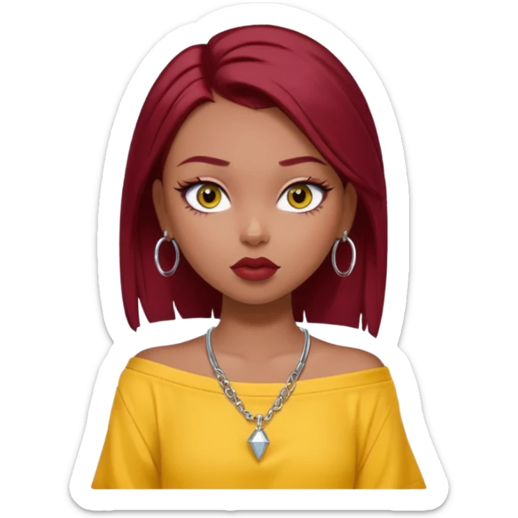 generate a pretty bratz girl in , dark brown eyes. Dark red hair straight long. wearing a yellow oversized tee falling off her shoulder, dainty silver necklace, silver hoops, septum piercings. big eyeliner sticker
