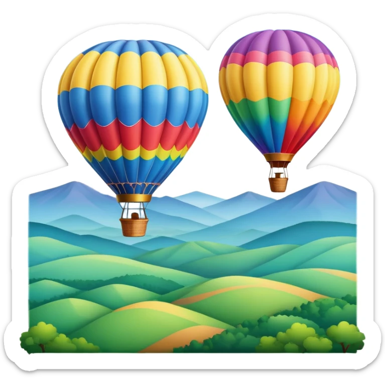 a clear sky and distant hills in the background with A colorful hot air balloon floating gracefully above the ground. The balloon's vibrant colors stand out against the soft clouds, capturing the peaceful yet adventurous spirit of hot air ballooning. sticker