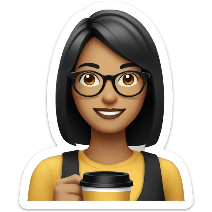 smiling girl with black hair and bob haircut standing with a coffee in her hand, wearing big black glasses sticker