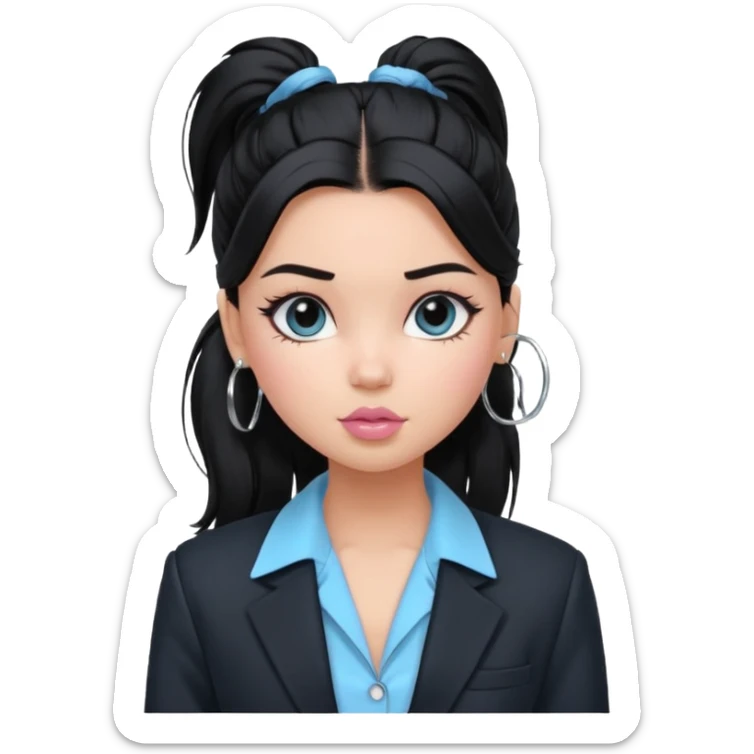 generate a pretty bratz girl with black hair tied up in a single ponytail. wearing a light blue full sleeve shirt and a black blazer over it. silver small hoops, pink lipgloss.  sticker