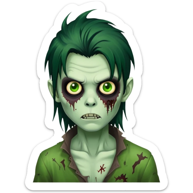 brunette zombie boy with horror green skin and long messy black hair sticker