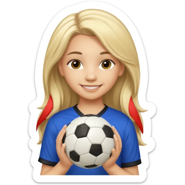 A girl with long light blonde hair with make-up on that looks around 13 years old with a soccer ball sticker