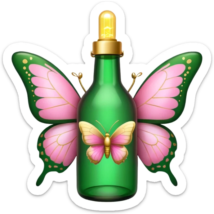 green bottle adorned with gold details and lights, pink butterflies, emoji style sticker