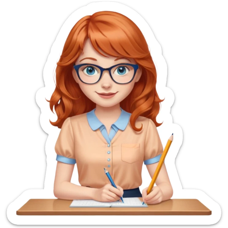 redheaded woman with long wavy hair and bangs, blue eyes, clear cat-eye glasses, short-sleeve apricot blouse, pencil skirt, holding a pencil, smiling sticker