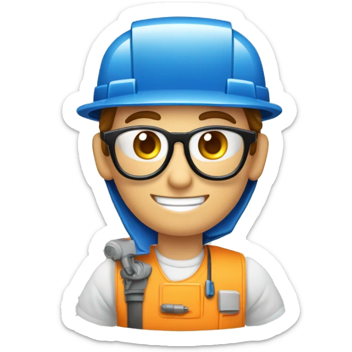 Tecnico electricista, con chaleco azul y gorra, gafas de trabajo, hombre, saludando con una mano dedo pulgar arriba, mirando de medio lado, feliz sticker