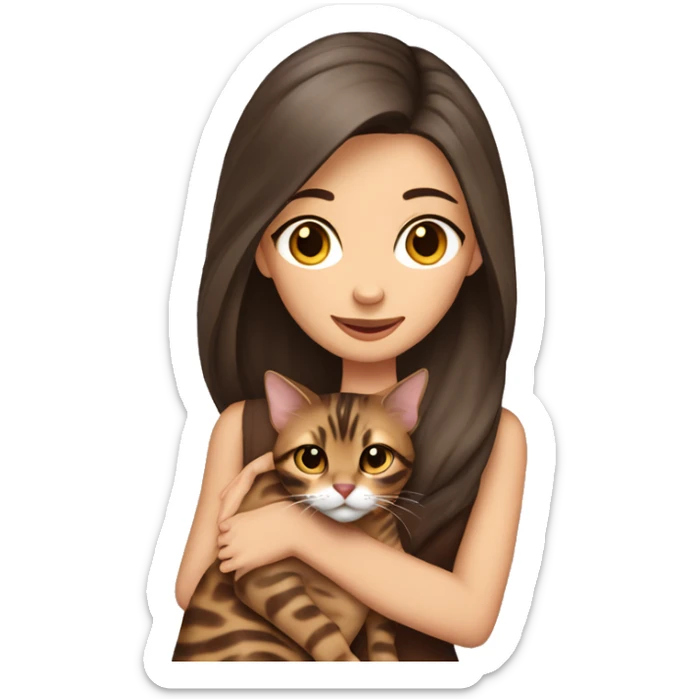Beautiful skinny woman long dark brown hair in dress hug bengal cat sticker