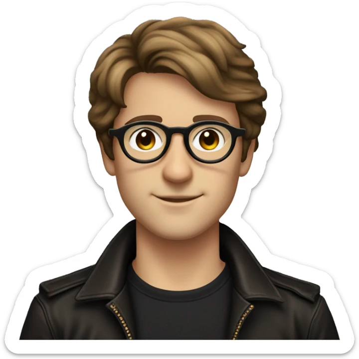 androgynous guy with brown hair and brown eyes and round glasses with an aviator 70s vibe in a black tee winking with a peace sign  sticker