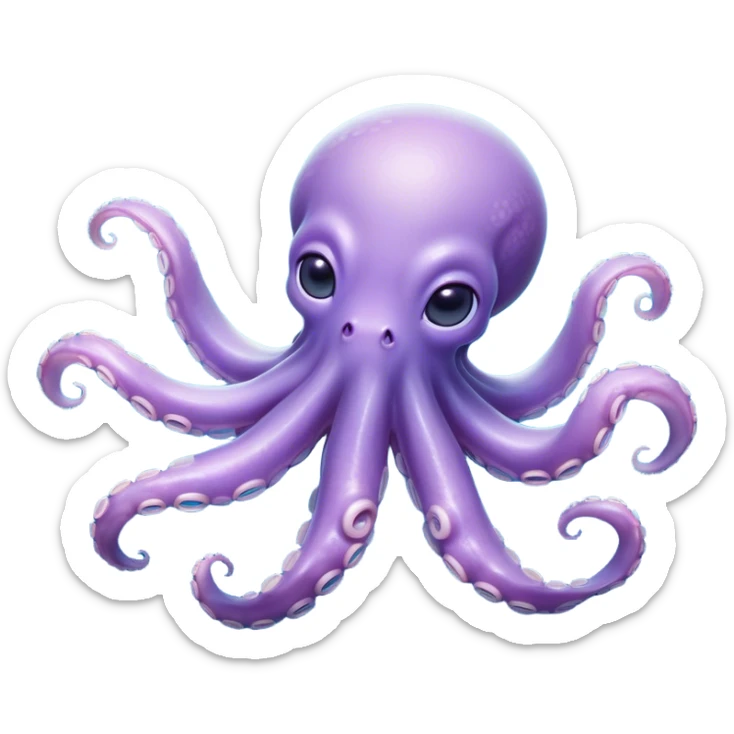 Meme-Worthy Floating Baby Octopus Portrait Emoji, Drifting gracefully in the water with soft, curled tentacles and a dreamy, weightless posture, showcasing a smooth, rounded light blue-purple body with mesmerizingly large, gentle eyes gazing into the abyss, Simplified yet poetically expressive features, highly detailed, glowing with a soft, celestial marine glow, high shine, quiet and mystical, stylized with an air of deep-sea serenity, soft glowing outline, capturing the essence of a tiny, peaceful cephalopod floating endlessly in the infinite beauty of the ocean depths! sticker