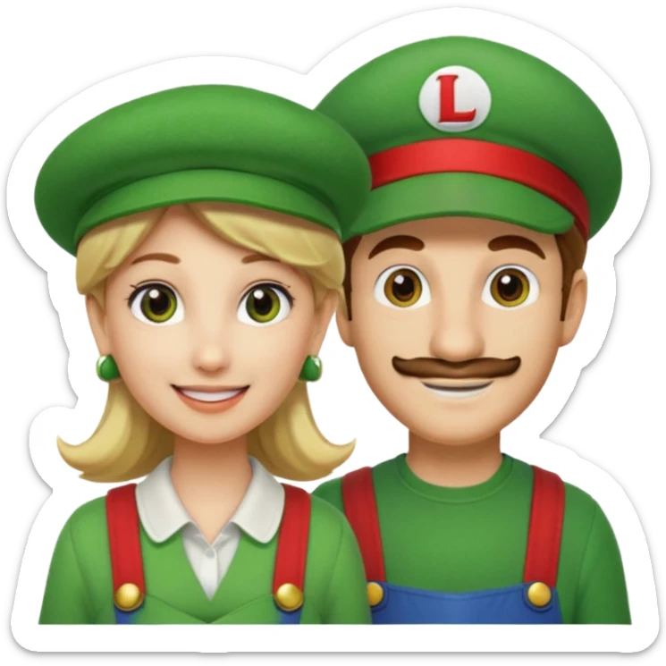 blonde female Luigi (with the Luigi green hat with an L on it) and a normal brown hair male Mario with the red hat. They are friends just smiling sticker