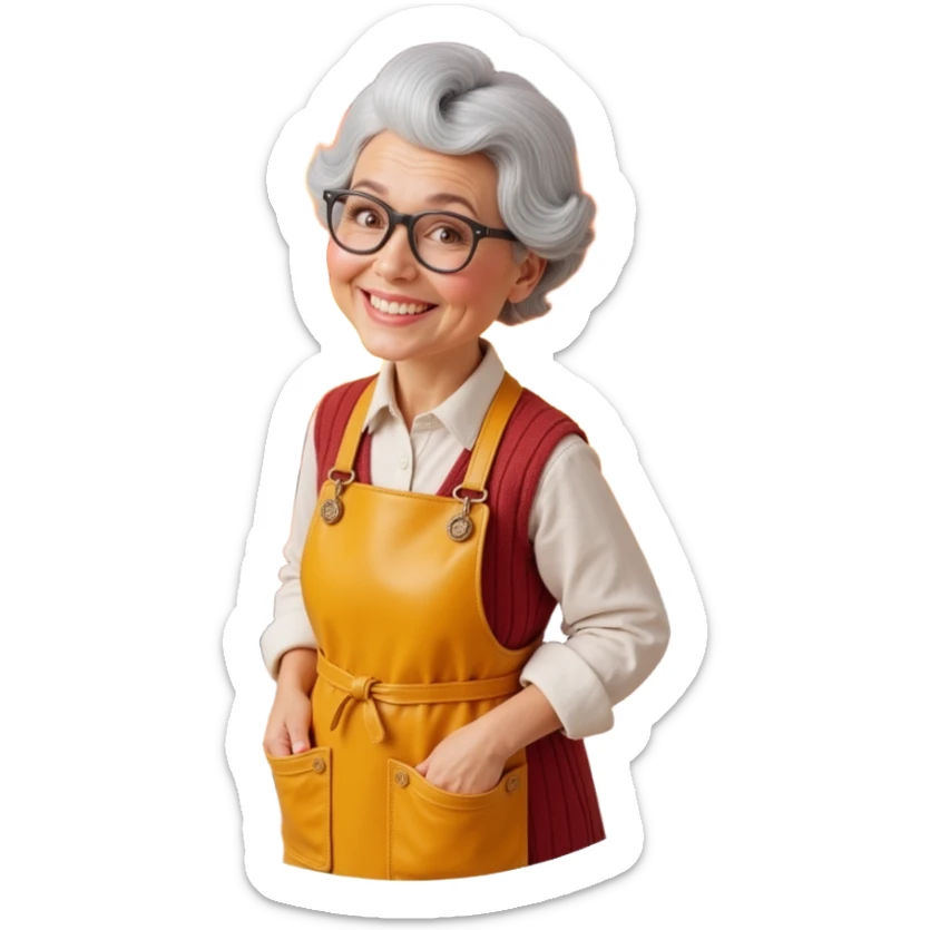 Portrait of a proud grandma wearing a golden apron, standing in front of a glowing oven, cookies baking inside, magical warmth, emoji-style sticker