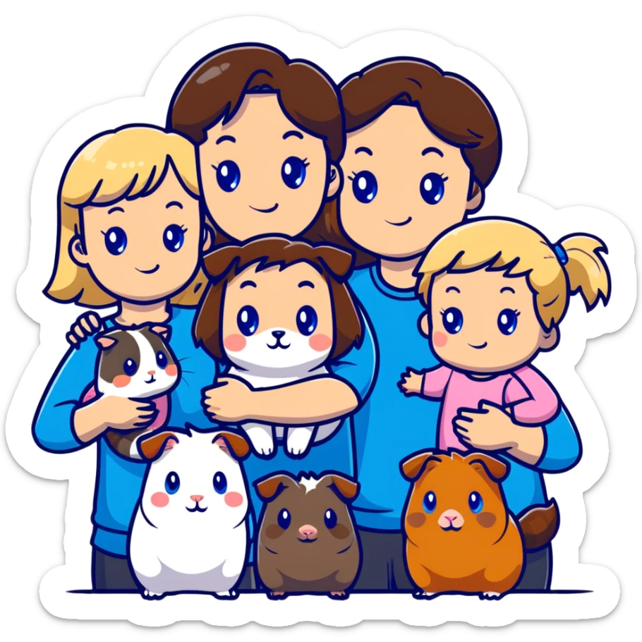 Family portrait with father with dark brown hair and blue eyes, mother with light brown hair and blue eyes, three blonde little girls with blue eyes, plus a grey cat and two guinea pigs sticker