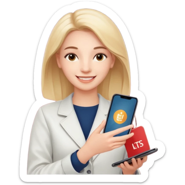 3D emoji style sticker, confident young woman, white background, smiling, holding a smartphone with IELTS result screen showing Overall 8.0, acceptance letter from a European university visible, calm confident energy, soft lighting, minimalistic, clean astrology emoji style sticker