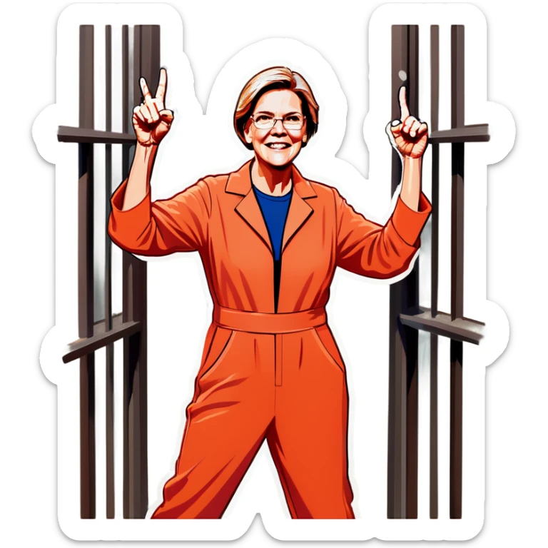 Make a picture of Senator Elizabeth Warren wearing an orange jumpsuit and behind bars sticker