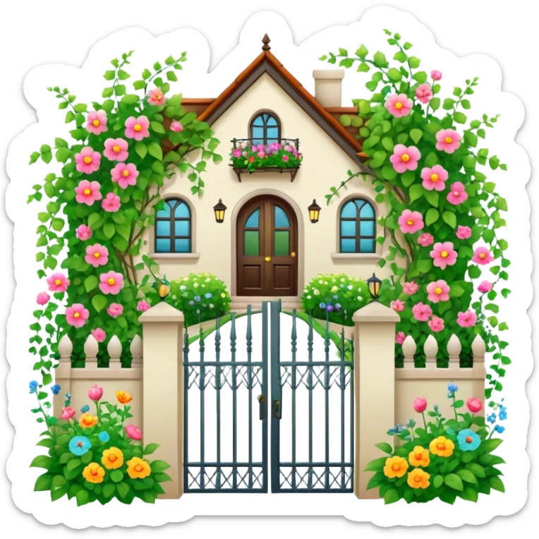 iron fence house entrance with vines, flowers and garden sticker