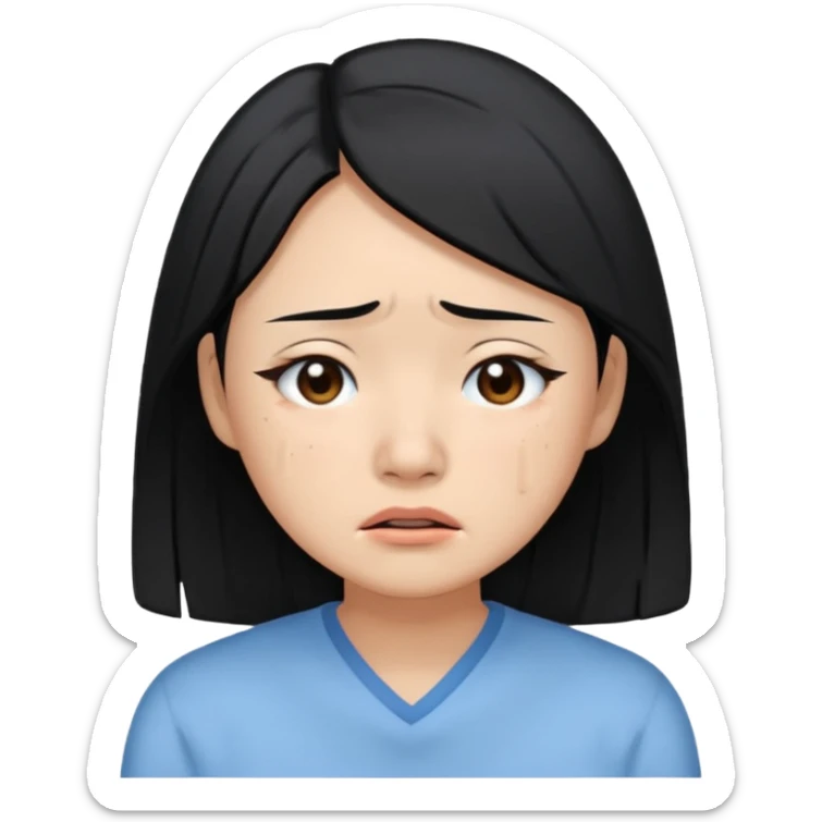 A crying East Asian woman with black hair, wearing light blue clothing. Her skin appears dry. sticker