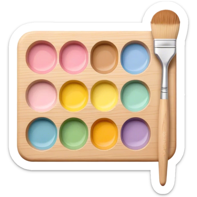 "Minimalist emoji of a small wooden palette with five pastel paint blobs, paired with a sleek, thin paintbrush, soft shadows, and clean lines." sticker