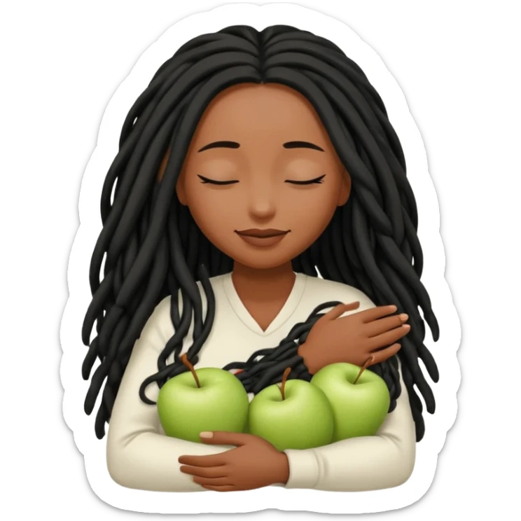 Soft feminine emoji with deep brown skin (Apple’s darkest), long black locs, eyes closed, gently cradling locs. Rounded, simple features, subtle smile. Clean, minimal Apple-style vector art, transparent background. sticker