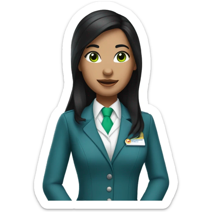 Flight attendant with long black hair, white skin and green eyes and a blue scarf sticker