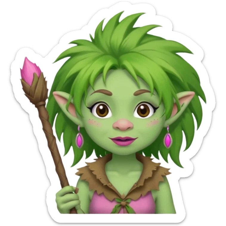 A green troll with green hair and brown and tan raggedy clothes on holding a brown stick with pink lipstick, long eyelashes and pink nails sticker