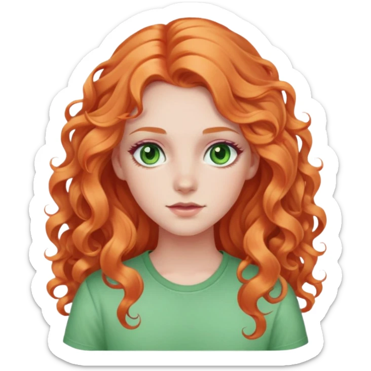 white pale girl with long curly orange hair, green eyes, pink shirt sticker