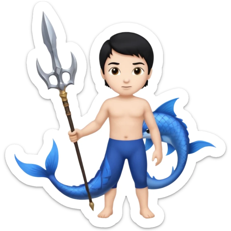 boy, black hair, brown eyes, white skin, Triton, with Triton in hand and blue Triton tail  sticker