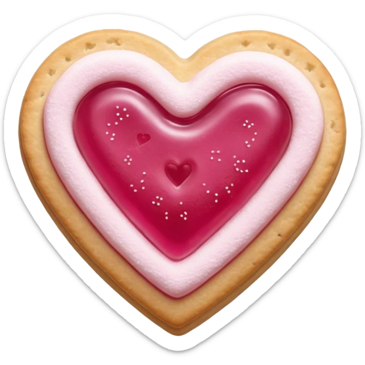 Realistic shortbread cookie in the shape of a heart with pink jelly middle filling and sprinkled powder sugar on top. sticker
