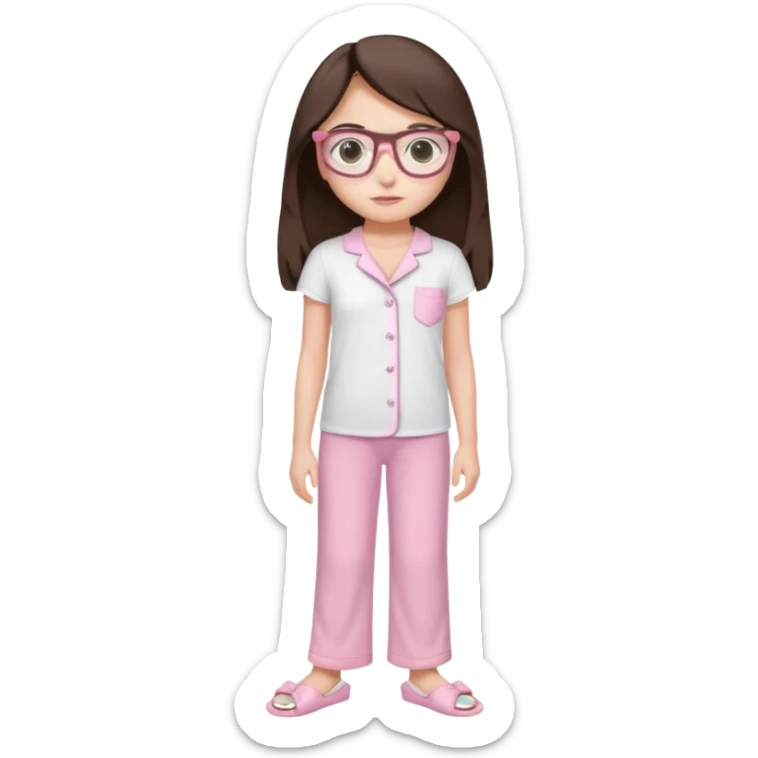Girl age 20 years old with dark brown long hair, light skin, brown eyes, wearing a miu miu glasses the brown ones, and wearing a top in white with a pair of pyjama pants in pink and it's mocked in light pink too and a slipper in white and she looks pretty  sticker