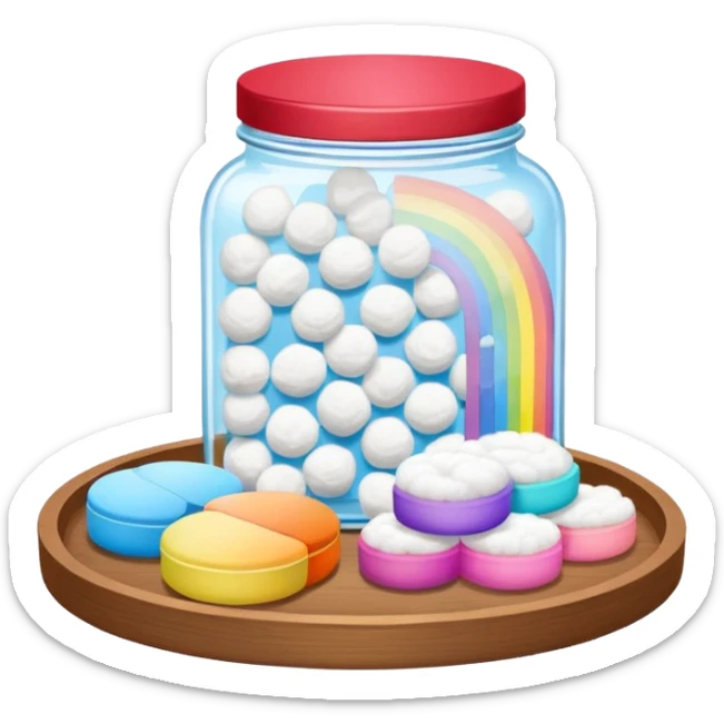 wooden tray with a jar of cotton balls, a jar of cotton swabs, a jar of cotton pads with wooden lids, with a rainbow outline sticker