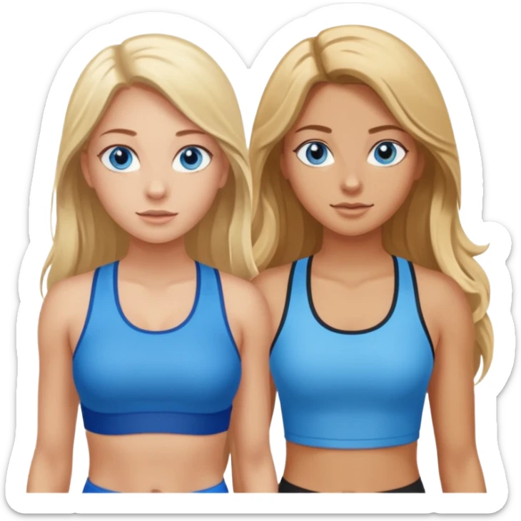 two girls in gym wear one with blue eyes and long brown hair one with blonde long hair blue eyes tanned sticker