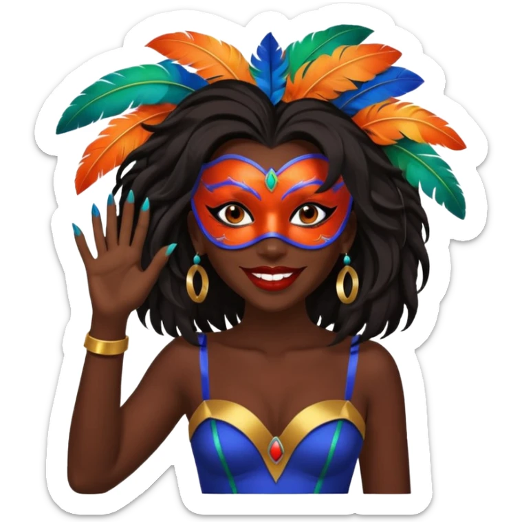 i need the same girl in "dark skin girl, dark red lipstick, nails very beautiful" to be smiling in "carnival mas costume, blue, green and orange preferably, full costume feathers at the back" she is to be smiling, hair should be dark shoulder length, black nail polish on her fingers  sticker