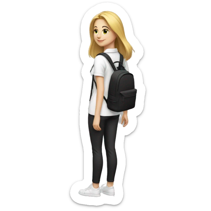 woman white skin mid length straight hairstyle with back pack white shirt black pants full body sticker