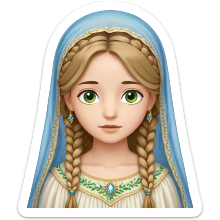 Joven de unos 20 años, de aspecto dulce y elegante.
Piel clara, ojos expresivos (pueden ser azules o verdes)
Rubio o castaño claro, largo, con trenzas o velo.
Vestido largo de tonos suaves (blanco, azul o lavanda), con bordados dorados; un manto o toca fina cubriendo la cabeza. sticker