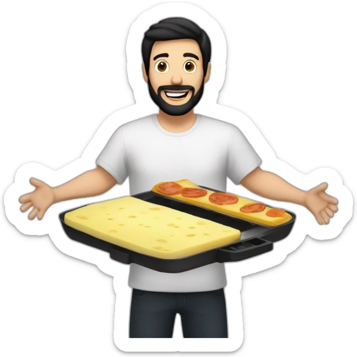 a white man with black hair and a black beard. He is happy with his arms in the air and in front of him is a raclette sticker