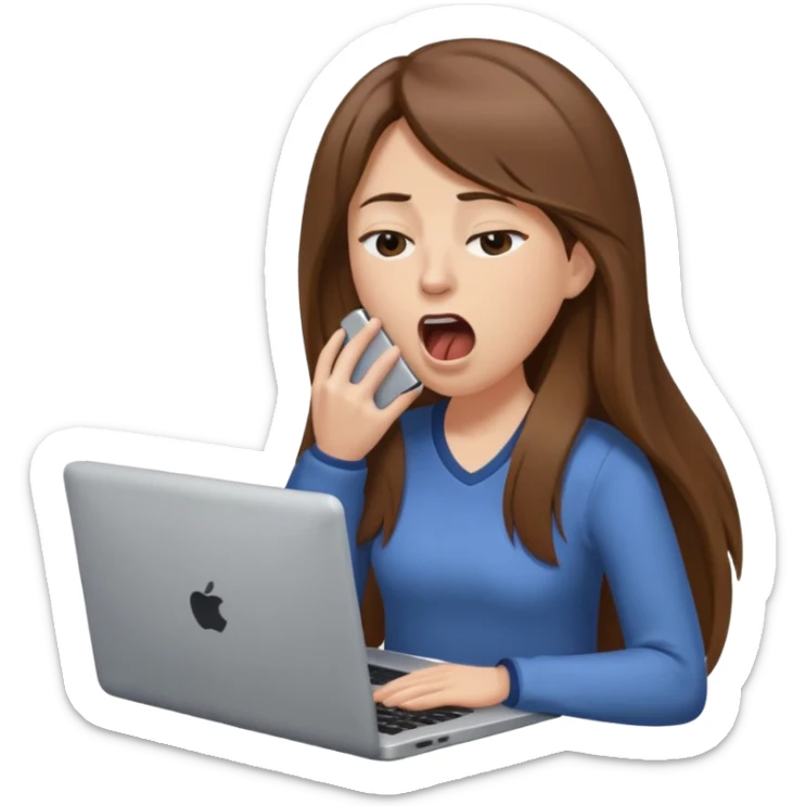 brown hair woman with long straighrt hair holding laptop and yawning from tiredness. looking tired sticker