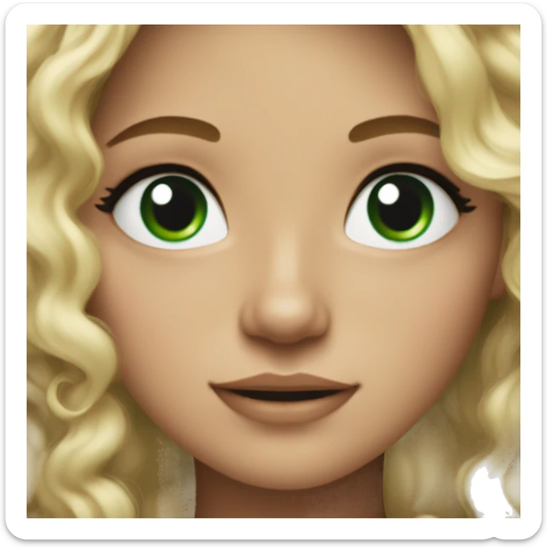 Blonde girl with dark green eyes and curly wavy long hair and a black jumper sticker