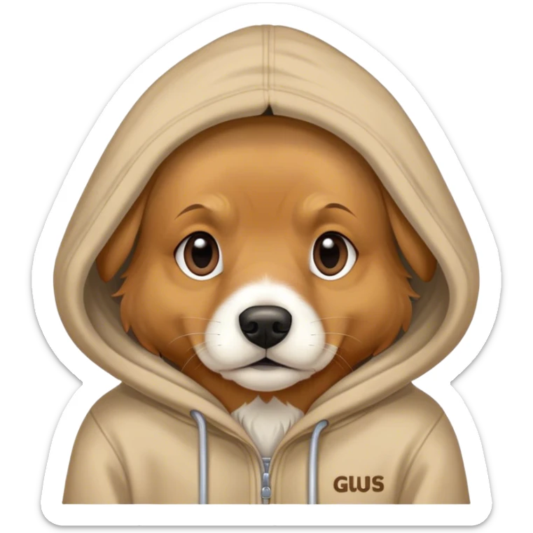 Dog wearing hoodie with Gus on hoodie sticker