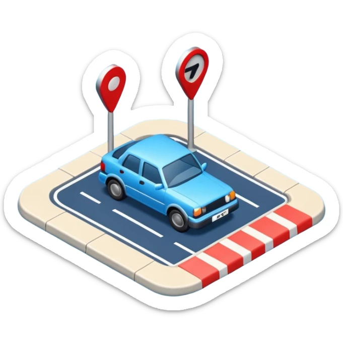 
A 3D minimal icon showing a street route to a destination with a single vehicle, a blue road, and small red accents for alerts. The style is clean, minimal 3D, with a transparent background. sticker