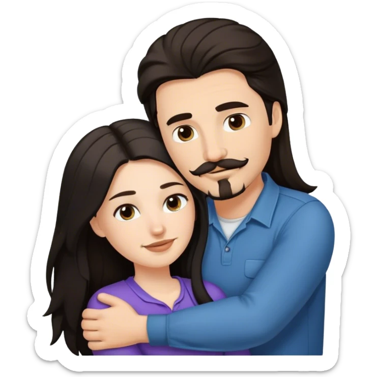 a white girl with long black hair hugging a white guy with brown hair goatee mustache sticker