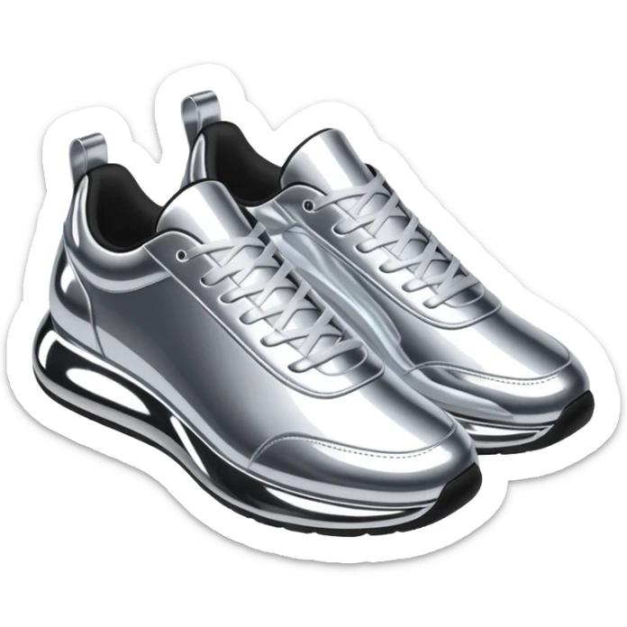 A pair of futuristic sneakers emoji made of silver chrome, sleek streetwear design, smooth metallic panels, subtle reflections, luxury swag aesthetic, iOS emoji style, centered, clean white background sticker