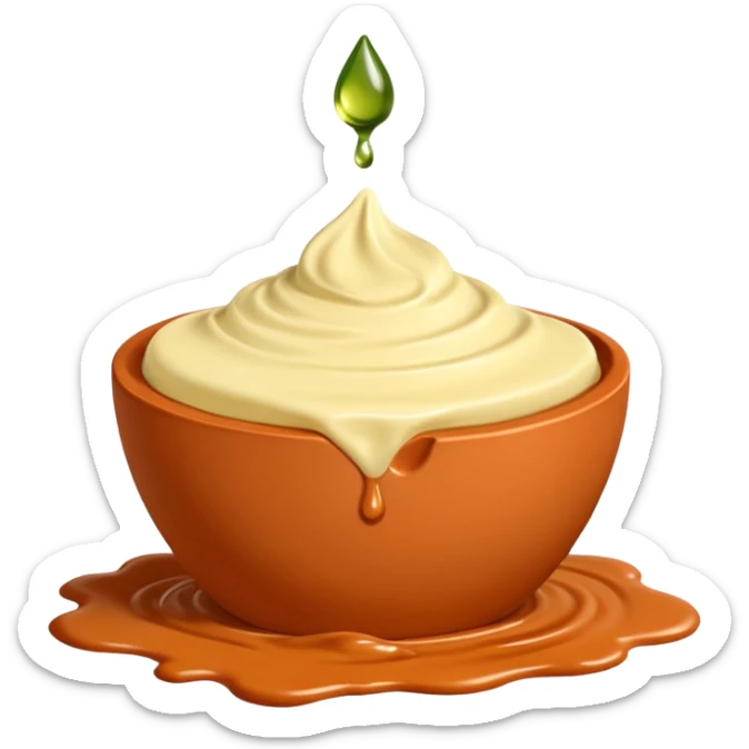 Un primer plano fotorrealista de un trozo de manteca de Karité pura, con una gota de aceite esencial cayendo lentamente. Colores: crema, terracota y toques de verde oliva. Enfoque suave. sticker