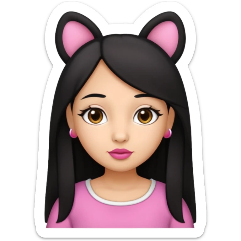 Gordita, ojos pequeños de color cafe oscuro, labios pequeños y rosados, piel trigueña, orejas pequeñas, cabello largo lazio y negro, pequeña. cuerpo completo. sticker