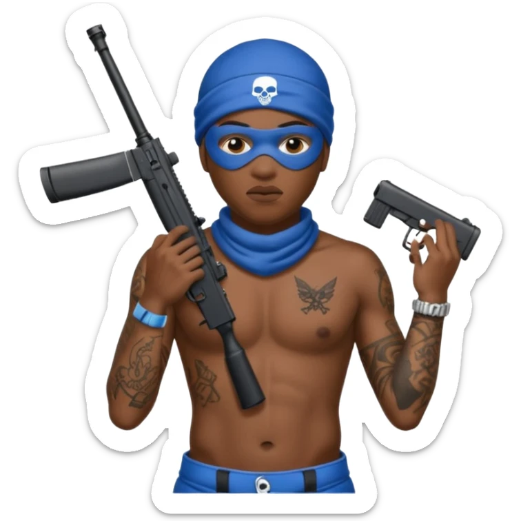 Ebony Crip gang member with no shirt an ski mask with tattoos all over holding AR 15 sticker