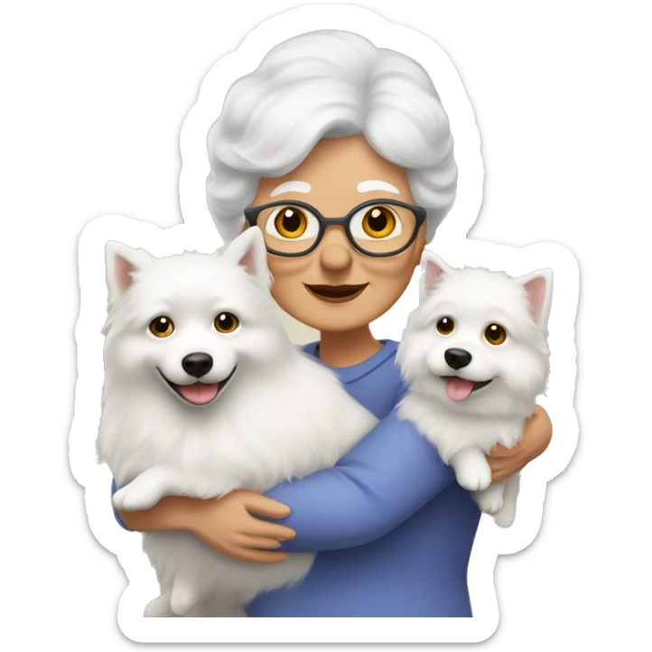 grandma with dark blonde hair hugs a white spitz dog. the grandma hair is dark blonde color sticker